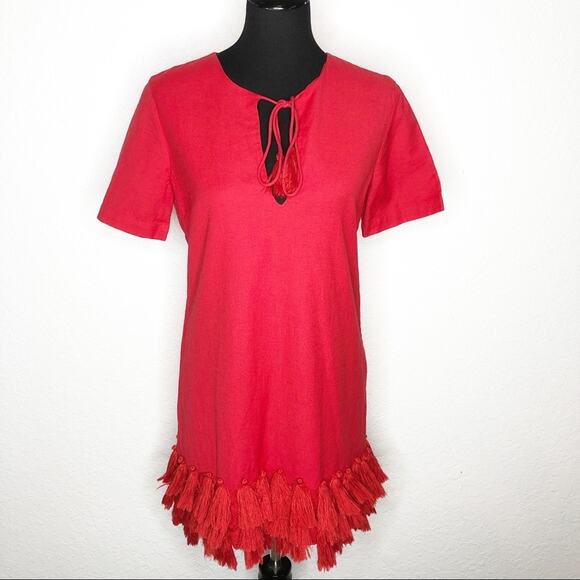 Tularosa red linen blend fringe tassel trim dress size XS - Picture 2 of 16